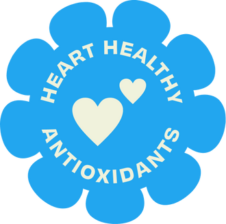 Blue flower-shaped logo with 'Heart Healthy Antioxidants' text and white hearts