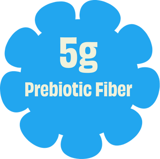 Blue flower-shaped label with '5g Prebiotic Fiber' text