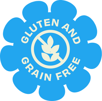 Blue flower-shaped logo with 'Gluten and Grain Free' text and a leaf symbol.