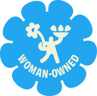 Blue flower logo with a white silhouette of a person holding a flower and an umbrella, and 'Woman-Owned' text.