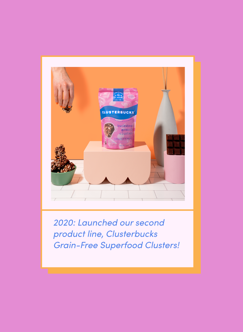 2020: Launched our second product line, Clusterbucks Grain-Free Superfood Clusters, the best buckwheat snack