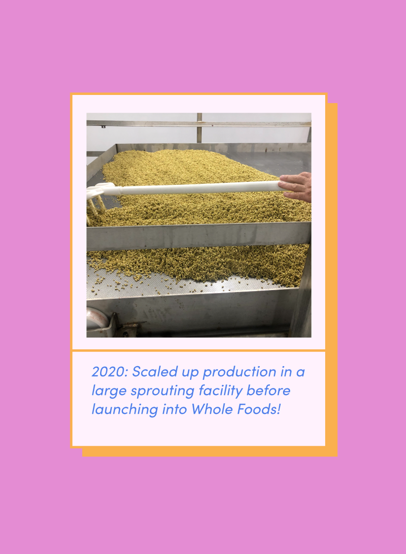 2020: Scaled up production in a large sprouted buckwheat facility before launching into Whole Foods!