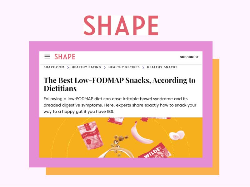 Screenshot showing SHAPE article 'The Best Low-FODMAP Snacks, According to Dietitians' with pink header and snacks