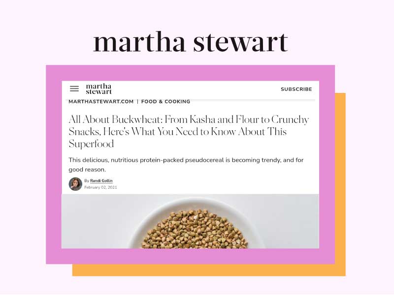 Screenshot of Martha Stewart article 'All About Buckwheat' with a bowl of buckwheat