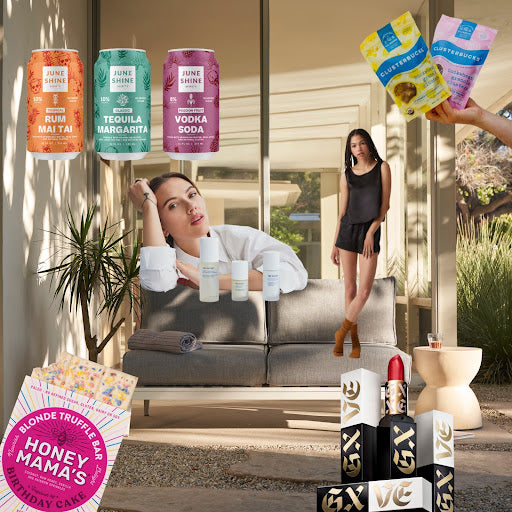 Two women relaxed on a sunlit patio amid a collage of canned seltzers, snack and beauty product images