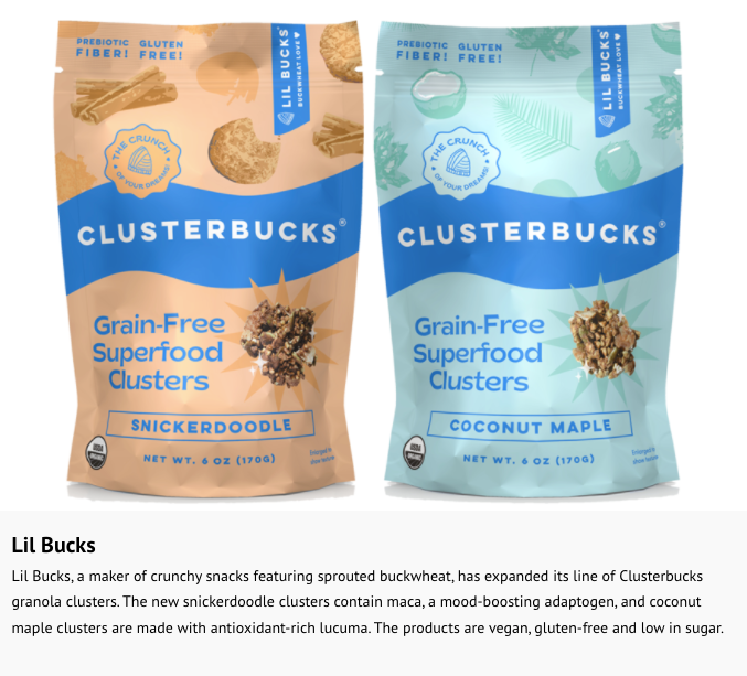 Lil Bucks Clusterbucks packaging: Grain-Free Superfood Clusters, SNICKERDOODLE and COCONUT MAPLE flavors, 6 oz pouches.