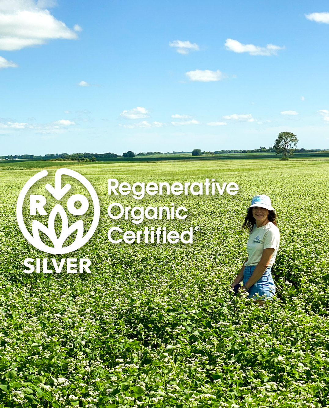 Woman standing in a flowering buckwheat field under a blue sky with overlaid Regenerative Organic Certified SILVER logo