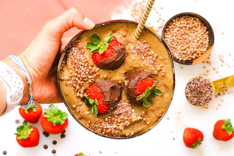 Chocolate Covered Strawberry Smoothie Bowl with Cacao Bucks
