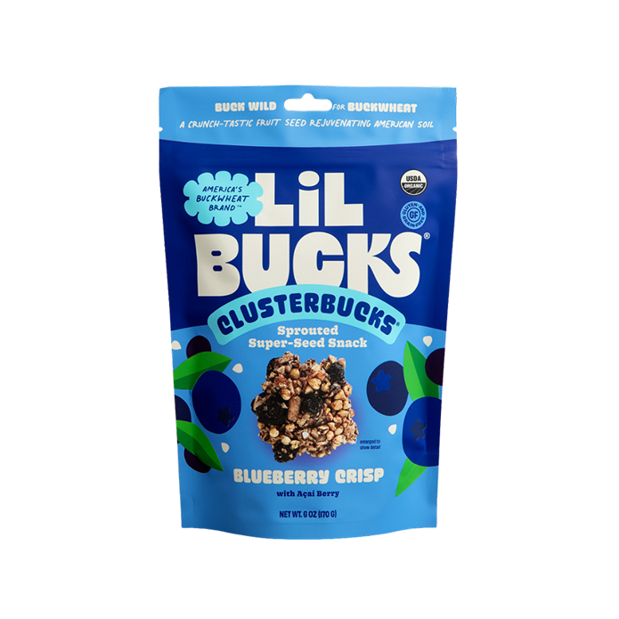 Blue package of Lil Bucks Clusterbucks Blueberry Crisp buckwheat