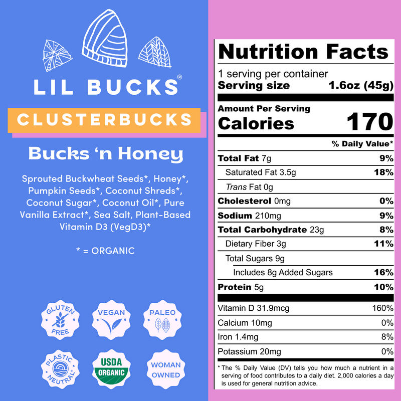 bucks 'n honey 1.6 oz nutrition label