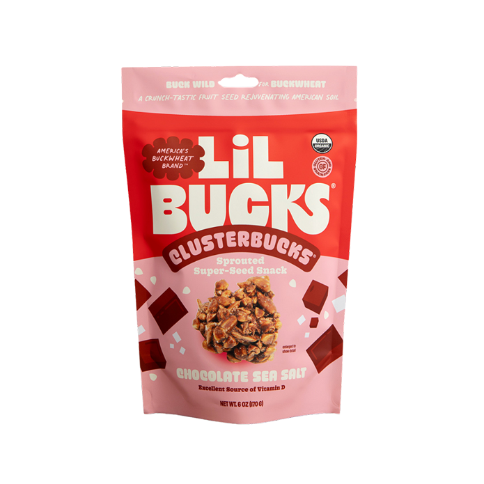 Pink package of Lil Bucks Clusterbucks chocolate sea salt background