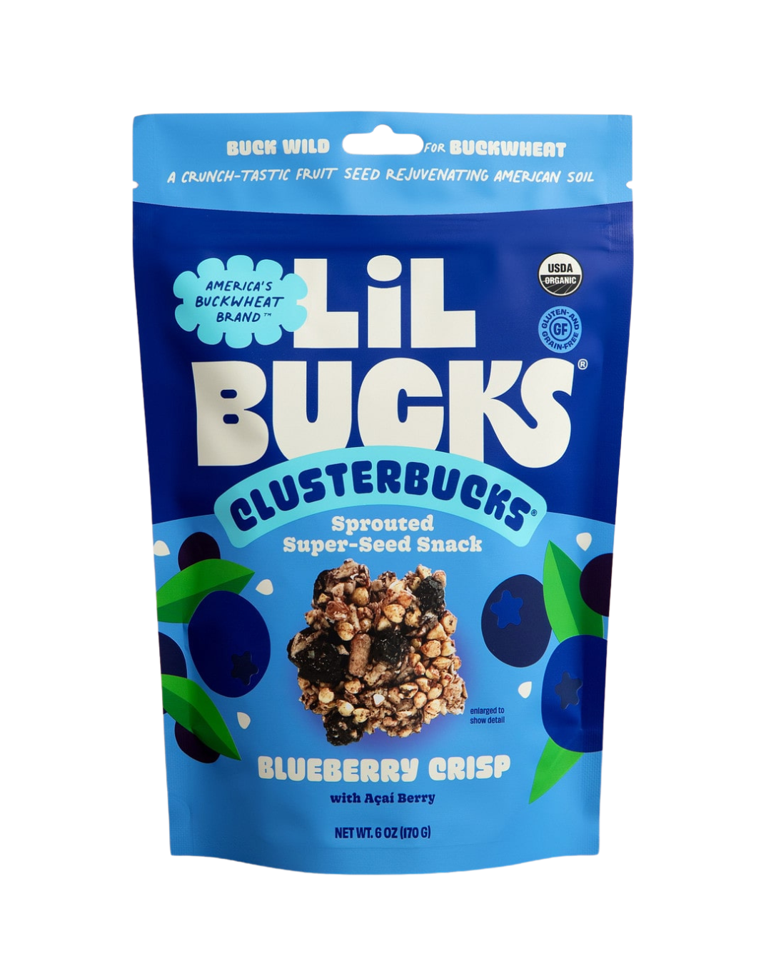 Lil Bucks Clusterbucks Blueberry Crisp snack package with a transparent background