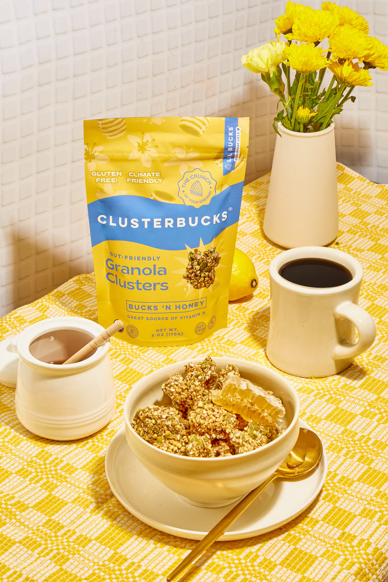 Bucks 'n Honey Clusterbucks - bowl of clusterbycks with honey