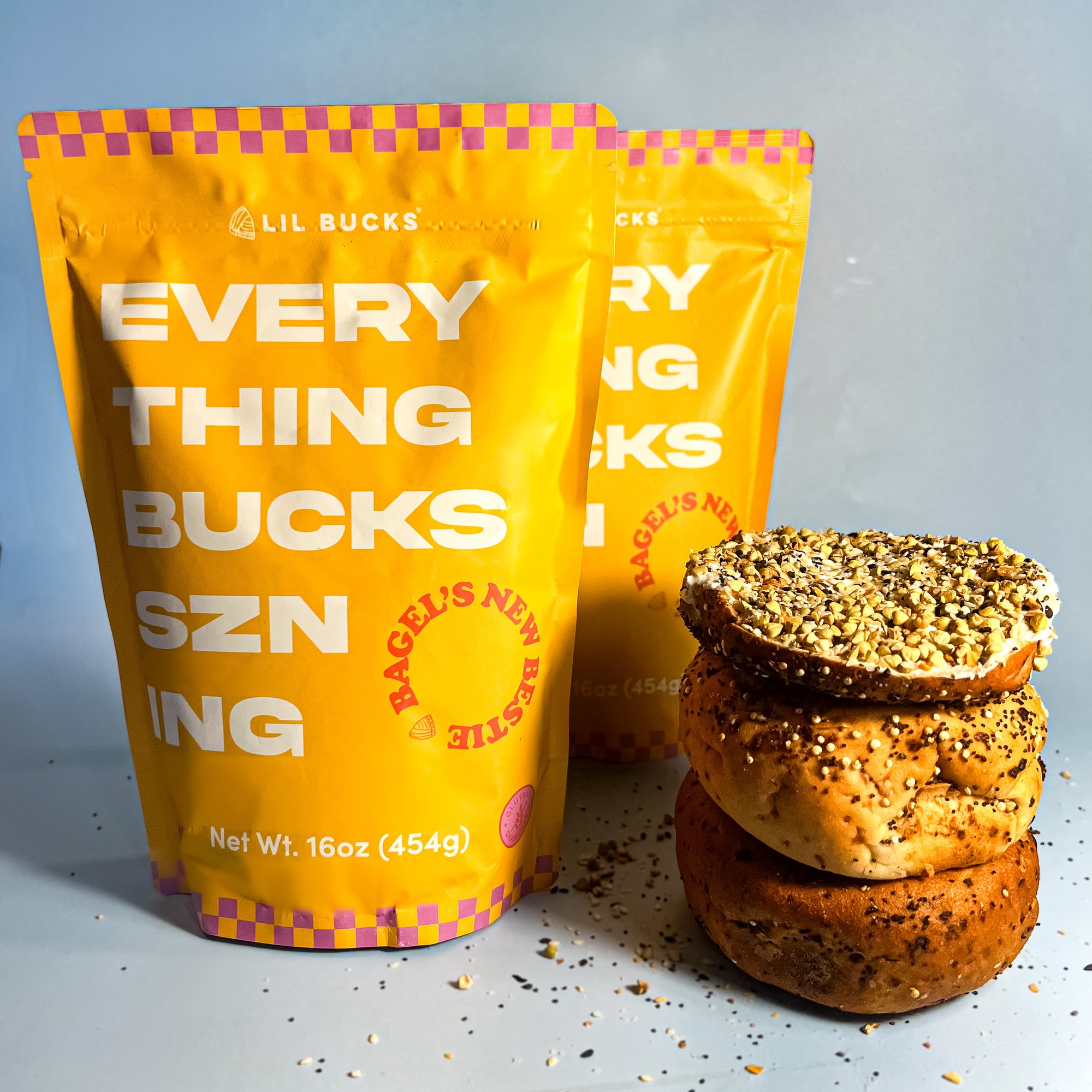 two 1 lb bags of Everything Bucks Szning with bagels