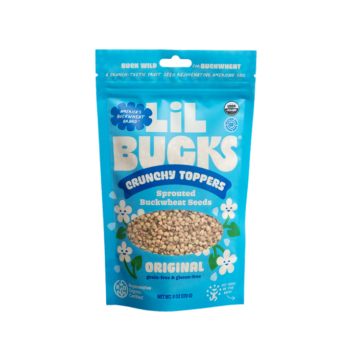 Blue package of Lil Bucks Crunchy Toppers sprouted buckwheat seeds 