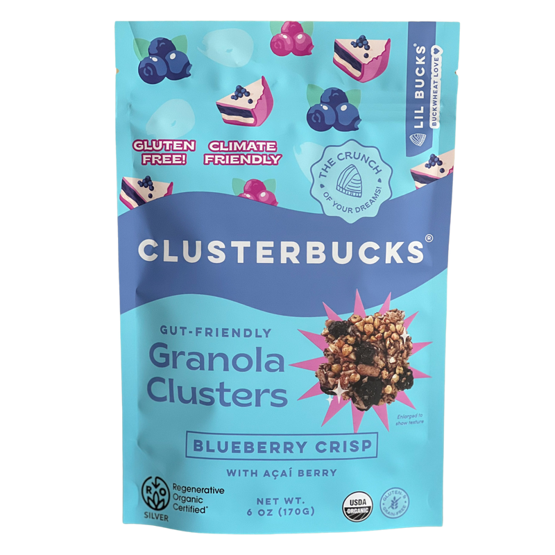 Clusterbucks, Gut-friendly Granola Clusters, Blueberry Crisp with Acai Berry. Regenerative Organic certified