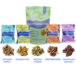 Image of Trial pack Clusterbucks: Full size Matcha Cookie bag, Single Serve Bags of Coconut Maple, Golden Chai, Snickerdoodle and Chocolate Sea Salt